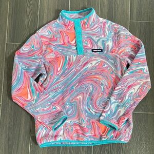 Lands' End Girl’s Turquoise & Pink Marble Snap Fleece Pullover